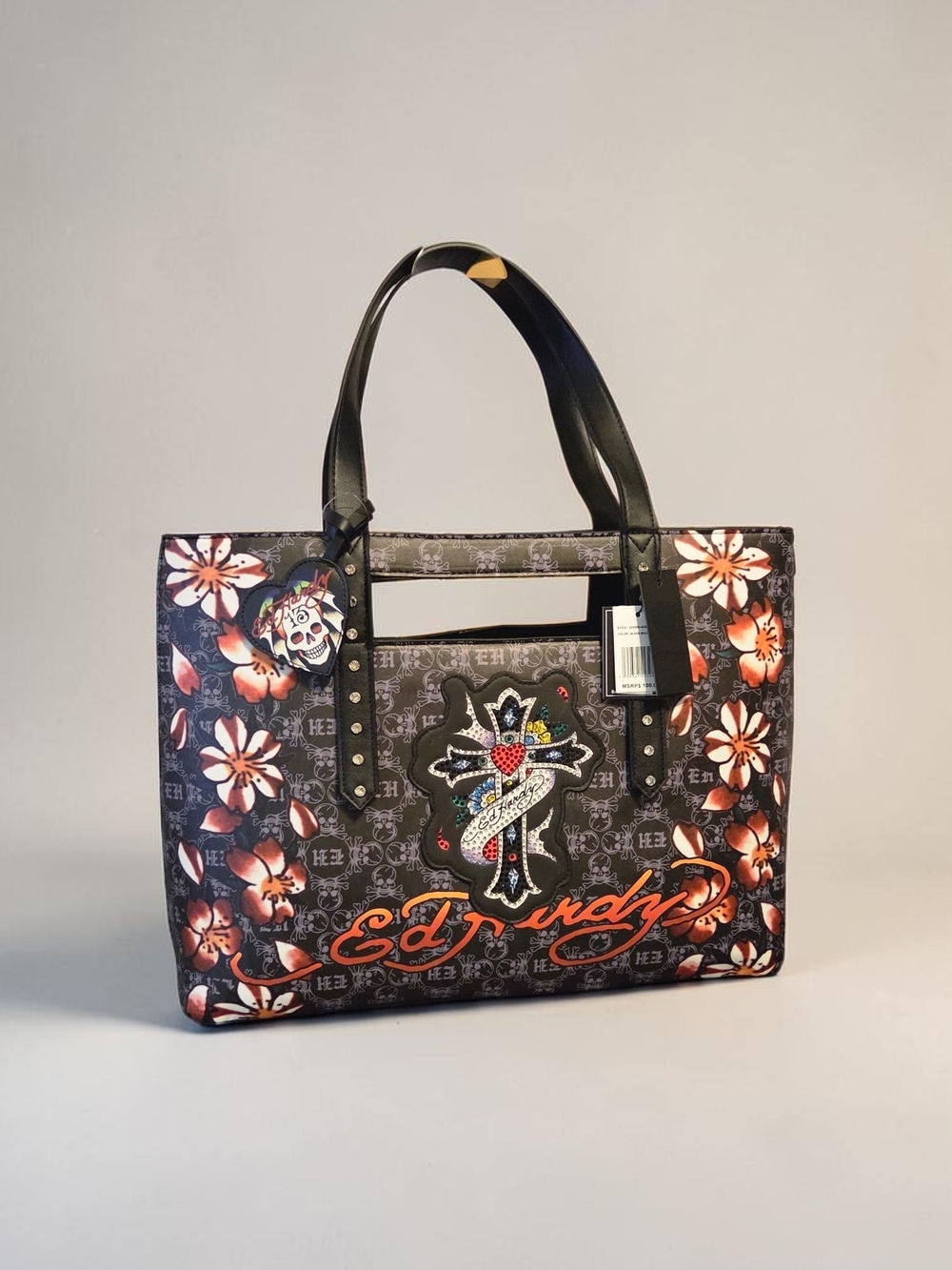Ed Hardy Black Floral Logo Tote Bag, NWT
